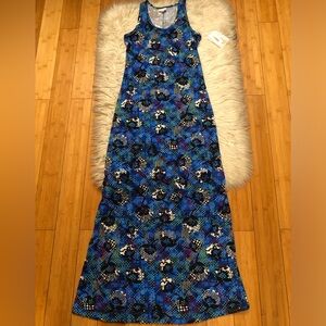 Lularoe Dani Floral Abstract Dots Sleeveless Blue Multicolor Maxi Dress XS NWT
